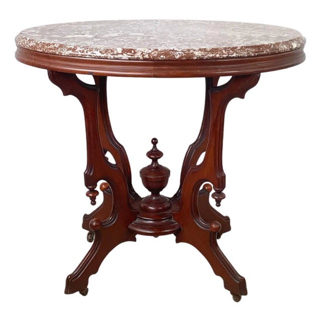 Victorian Revival Marble Top Center Table With Carved Walnut Pedestal Base For Sale