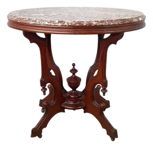 Victorian Revival Marble Top Center Table With Carved Walnut Pedestal Base