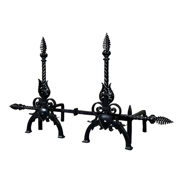 Pair 19th Century Country French Wrought Iron Andirons For Sale
