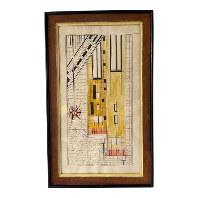 1950s Geometric Mixed-Media Drawing, Framed For Sale