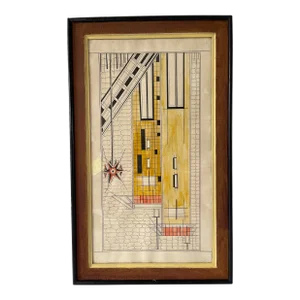 1950s Geometric Mixed-Media Drawing, Framed