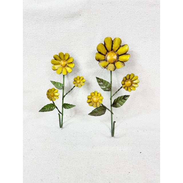 Mid 20th Century Vintage Mid-Century Yellow Metal Sunflower Tole Wall Hooks - Pair For Sale - Image 5 of 6