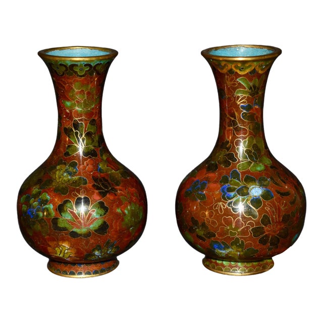 Vtg. Pair of Chinese Cloisonné Small Vases For Sale