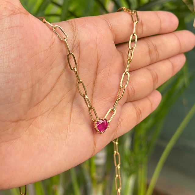 18k Solid Gold Paperclip Chain Necklace With 1.34 Ct Ruby Heart Pendant- 17inch For Sale - Image 14 of 17