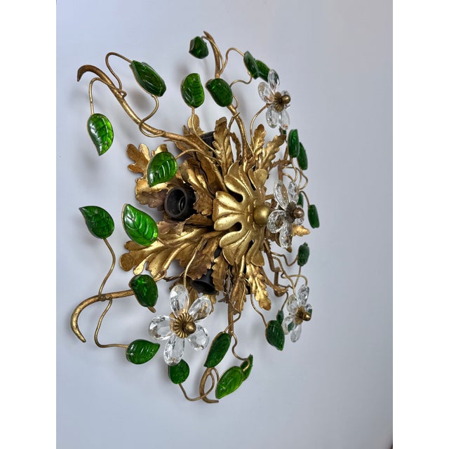 Hollywood Regency Ceiling or Wall Lamp in Gilded Metal with Murano Glass Leaves and Flowers from Banci Firenze, Italy, 1960s For Sale - Image 3 of 8