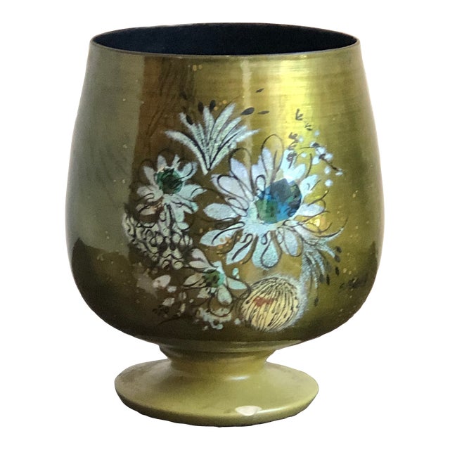 Circa 1960 Sascha Brastoff Green Floral Copper Enamel Cachepot For Sale