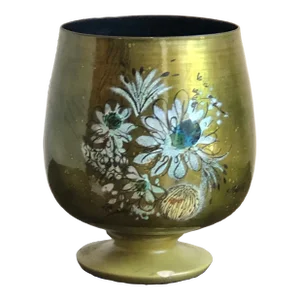 Circa 1960 Sascha Brastoff Green Floral Copper Enamel Cachepot