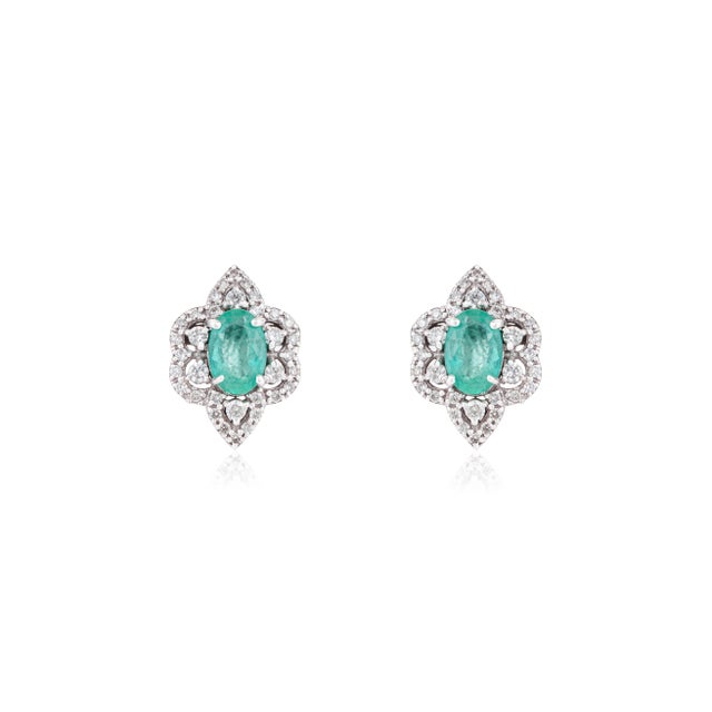 Emerald Diamond Floral Cluster Vintage Stud Earrings in 14k White Gold- A Pair For Sale - Image 4 of 15