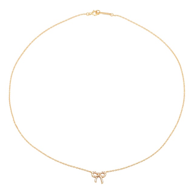 Tiffany and Co 18k Rose Gold and Diamond Delicate Bow Necklace For Sale