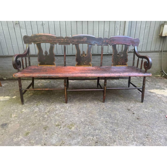Antique 19th Century Early American Primitive Folk Art Style Hand Painted Bench It features With Boot Jack Back, Cutouts...