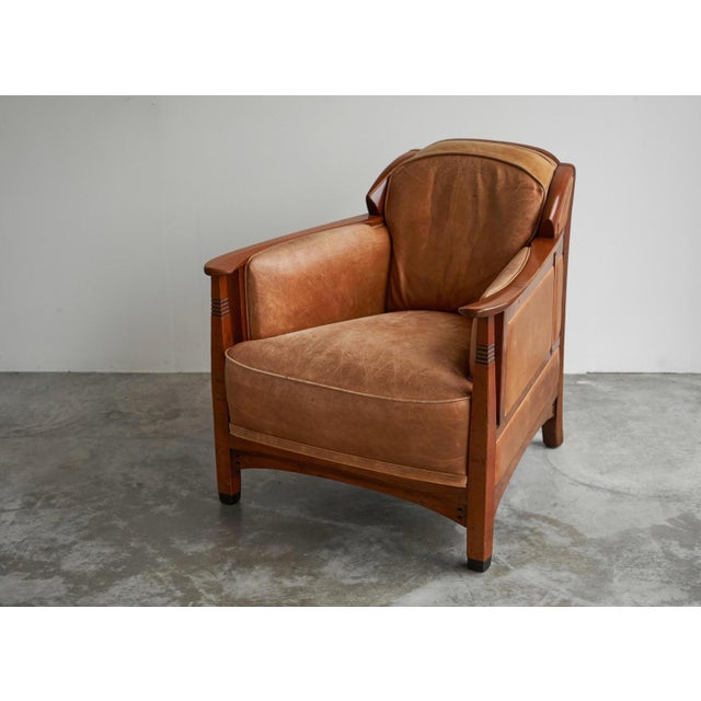 Vintage Art Deco Chair in Oak and Cognac Leather, 1980s For Sale - Image 11 of 14