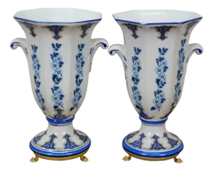 Mid 20th Century 2 Jb Hirsch Corsi Italian Blue & White Floral Porcelain Mantel Vases Urns 9"