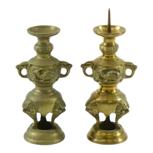 Mid 20th Century Chinese Brass Candle Holders - A Pair
