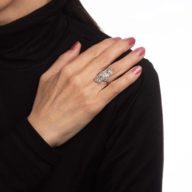 Metal Vintage Art Deco Emerald Diamond Ring Platinum Elongated Plaque Band size 6 For Sale - Image 7 of 8