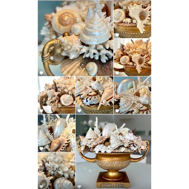 Coastal Seashell Art Urn Centerpiece – Nautical Beach Cottage Decor, Shell Composition With Pearls. For Sale - Image 10 of 11