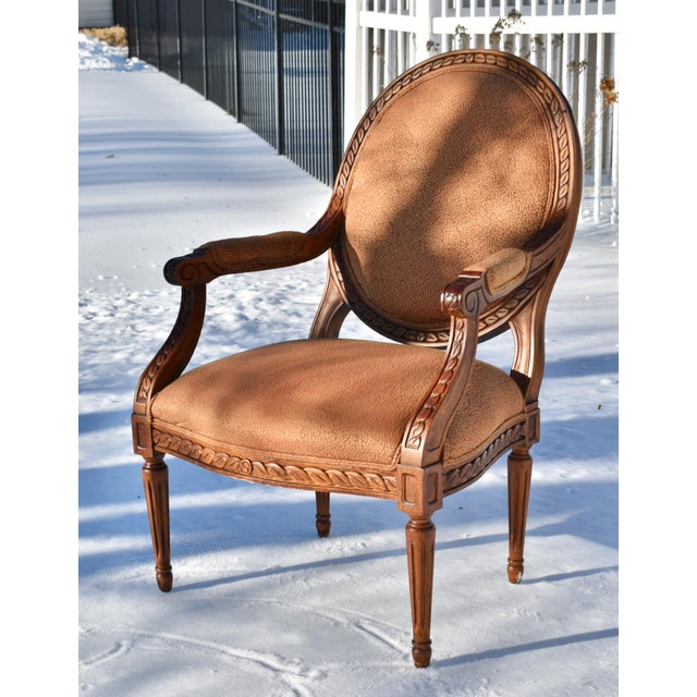 Wood Fairfield Carved Wood Chair Vintage Louis XVI Oval Back French Fauteuil Armchair For Sale - Image 7 of 12