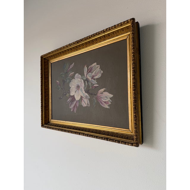 Vintage Magnolia Blossom Still Life Oil on Board Painting in Ornate Gold Wood Frame For Sale - Image 4 of 12