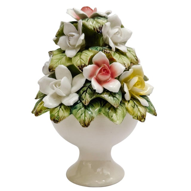 Gorgeous mid-century Japanese floral topiary featuring lush arrangement of multi-colored porcelain roses and gardenias...
