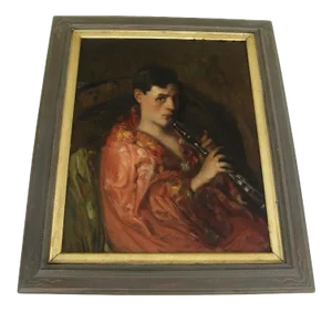 1910s "Woman Playing the Clarinet" Figurative Oil Painting by Antonio Barone, Framed