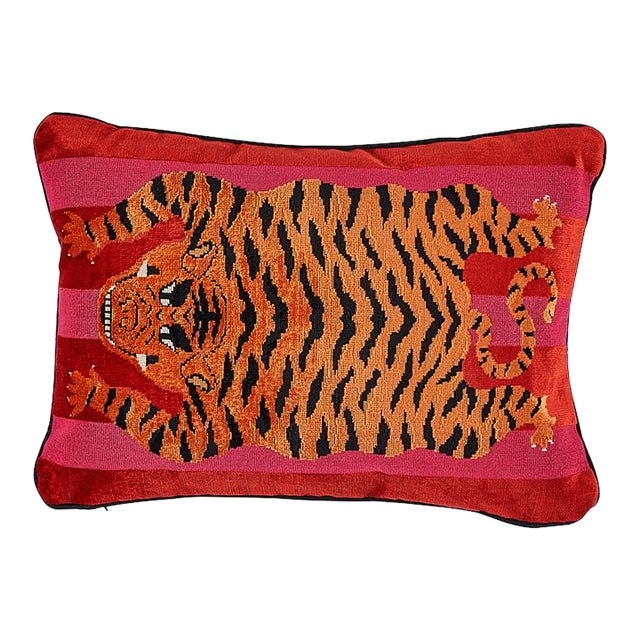 Schumacher X Johnson Hartig Jokhang Tiger Velvet 20" Lumbar Pillow in Red & Pink For Sale