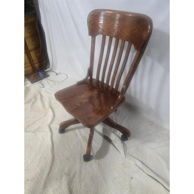 Early 20th Century Vintage Solid Oak Swivel Banker's Chair With Casters For Sale - Image 5 of 5