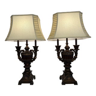 Vintage Neoclassical Bronze and Gold Candelabra Urn Table Lamps - A Pair For Sale
