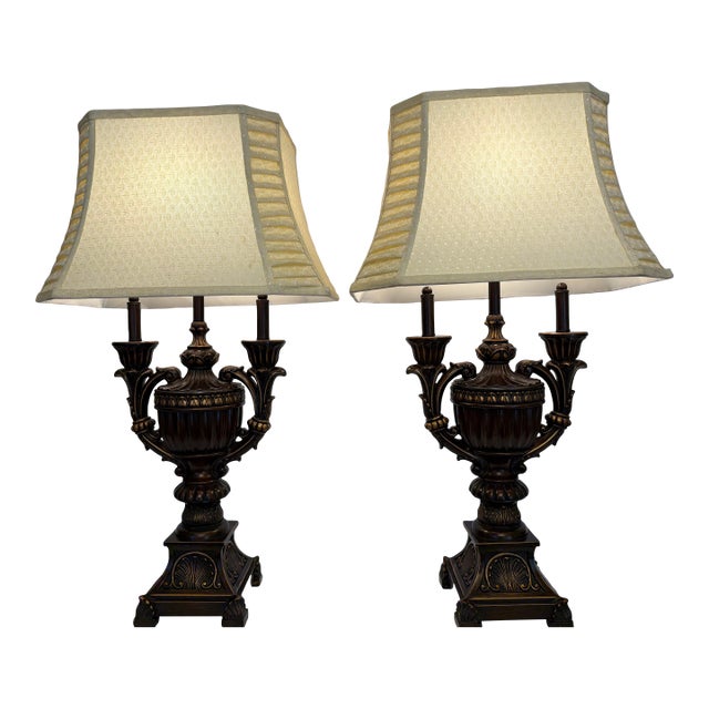 Vintage Neoclassical Bronze and Gold Candelabra Urn Table Lamps - A Pair For Sale