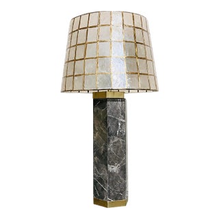1980s Marble Column Table Lamp With Capiz Shell Grid Shade For Sale