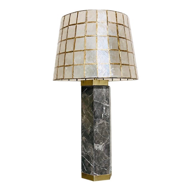 1980s Marble Column Table Lamp With Capiz Shell Grid Shade For Sale