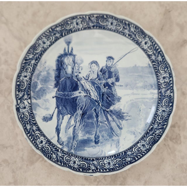 Ceramic Mid 20th Century Delft Vintage Platter Winter Sleigh Scene Blue White For Sale - Image 7 of 7