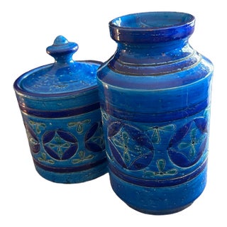 Aldo Londi for Bitossi Candy Jar With Top, and Cylindrical Vase From the ‘Liberte’ Collezione. For Sale