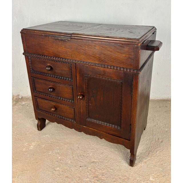 Wood Spanish Oak Sewing Cabinet With Fabric Basket, Early 20th Century For Sale - Image 7 of 18