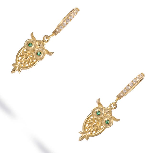 Modern Mystic Owl Emerald Eye Gold Earrings, A Pair For Sale - Image 3 of 6