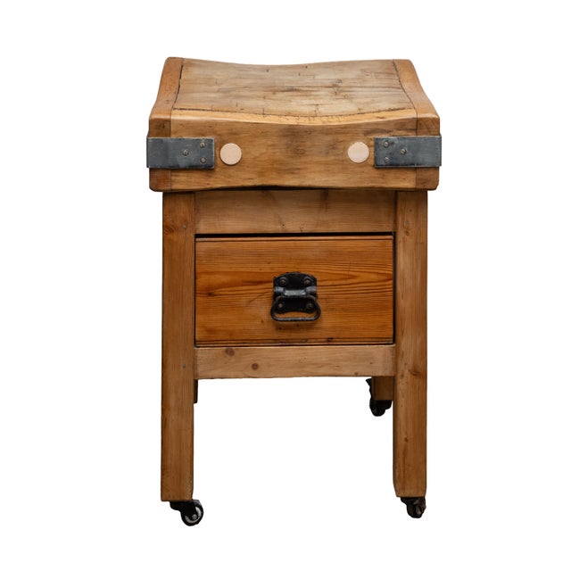 Early 20th Century Butcher's Chopping Block Table With Through Drawer on Casters From England For Sale - Image 5 of 9