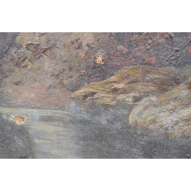 Antique French Woodland Landscape Oil Painting With Rocks and Stream For Sale - Image 10 of 12