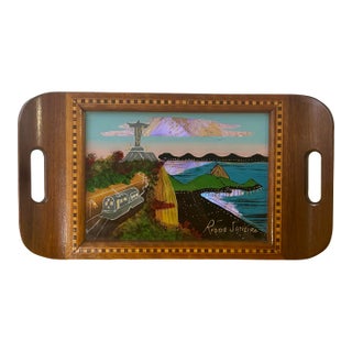 Antique Brazilian Butterfly Wing Tray, Christ the Redeemer Scenic Artwork For Sale