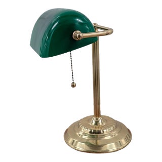 Vintage 1950’s Solid Brass Bankers Lamp With Green Shade For Sale
