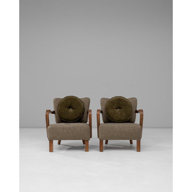 Art Deco 1940s Danish Art Deco Upholstered Armchairs With Round Pillows - A Pair For Sale - Image 3 of 18