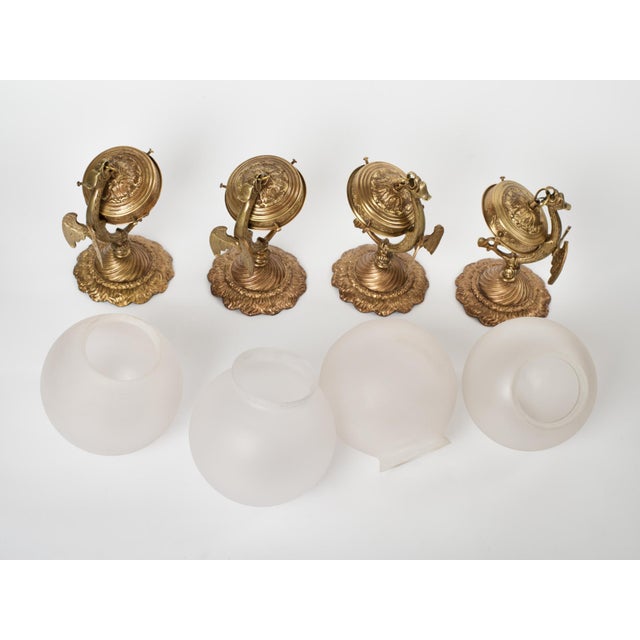 1950s Spanish Empire Cast Brass Dragon Sconces With Scavo Glass Globes - A Set of 4 For Sale - Image 6 of 11