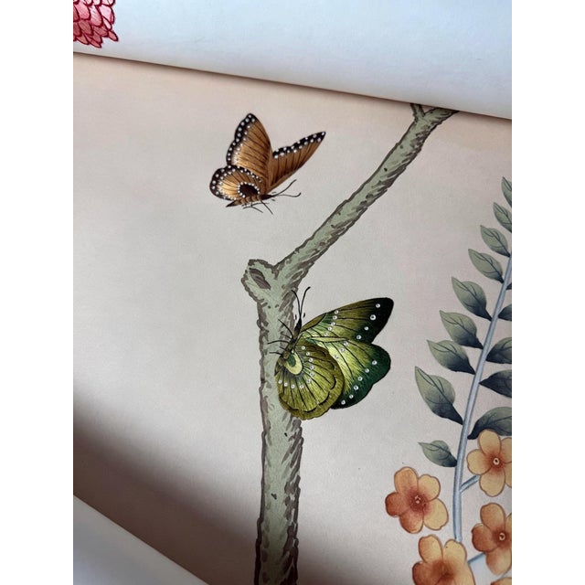 Chinoiserie Hand‑Painted Chinoiserie Tropical Garden Mural Wall Panels, Botanical Bird & Fruit Wallpaper For Sale - Image 3 of 11