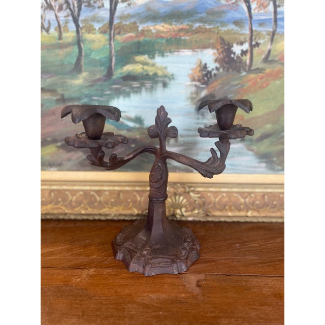 Possibly 19th Century Ornate Cast Iron Double-Arm Candelabrum With Floral Bobeches and Scroll Base. For Sale In Seattle - Image 6 of 9
