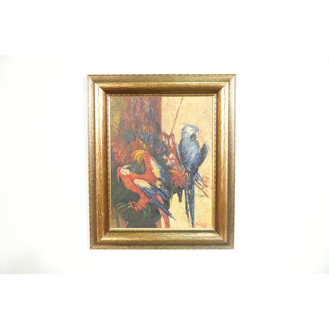 1937 Harry Leonard Lopp Framed Oil on Board Painting Parrots Signed & Dated For Sale - Image 4 of 5