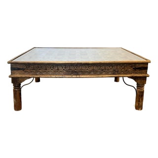 Antique Indian Wood & Iron Carved Door Cocktail Table. For Sale