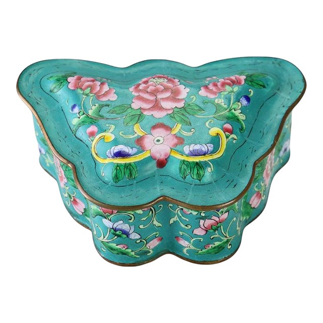 Antique Chinese Cloisonne Enameled Butterfly Shaped Trinket Box C1920 For Sale