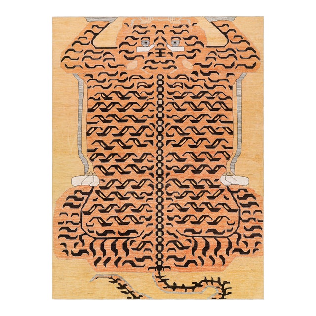 Rug & Kilim’s Contemporary Tiger Rug in Gold With Brown and Orange Pictorial For Sale
