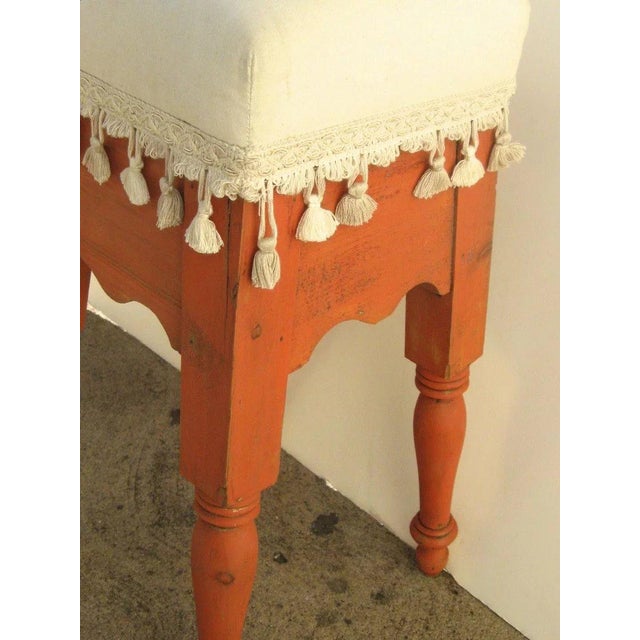 CH 592 English painted turned leg stool. Upholstered seat. Great color. 1860 10" x 10" x 23"
