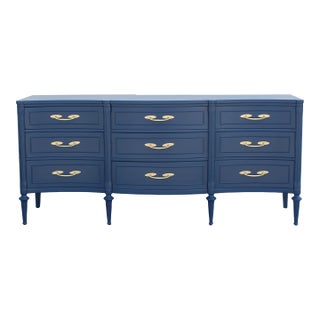 Mid-Century Blue Dresser of Nine Drawers For Sale