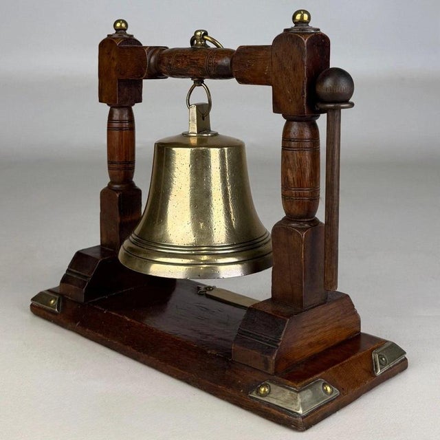 Wood Antique English Edwardian Nautical Brass Bell with Oak Stand, 1900s For Sale - Image 7 of 12