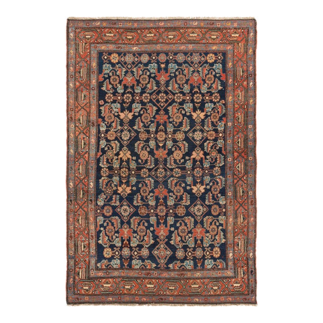 Antique Circa 1900 Blue Hamadan Hand Knotted Rug 4'4 X 6'10 For Sale