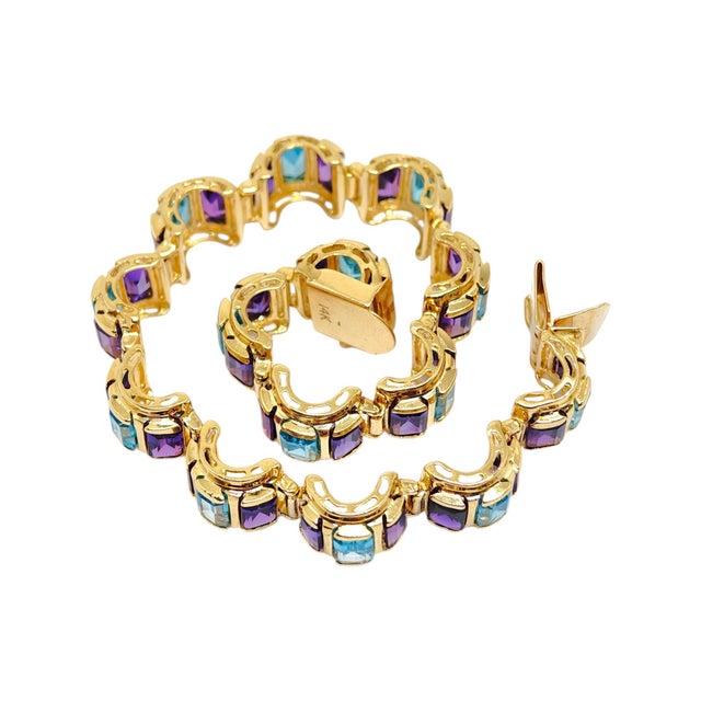 Contemporary Vintage 14k Gold Scalloped Blue Topaz and Amethyst Bracelet For Sale - Image 3 of 10